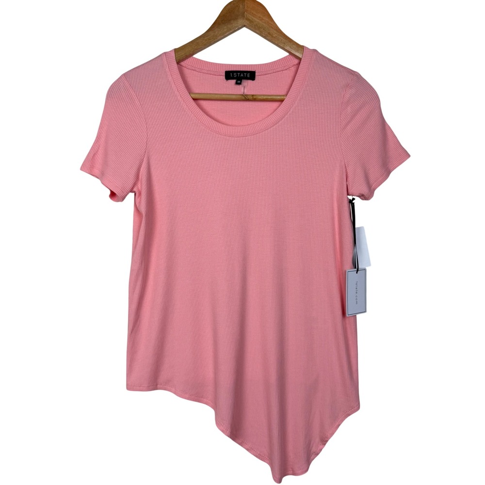 1.STATE Top Asymmetrical Ribbed Knit Women XS Rose Linen Pink Stretch Chic NWT